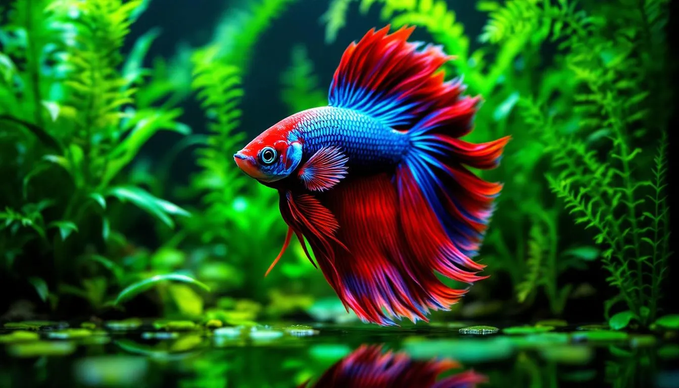 A close-up image of a vibrant male betta fish, also known as a Siamese fighting fish, gracefully swimming among lush green plants in a well-maintained planted aquarium. The colourful scales of the fish contrast beautifully with the natural environment, showcasing its role as a low maintenance pet that can thrive in a clean and properly cared for habitat.