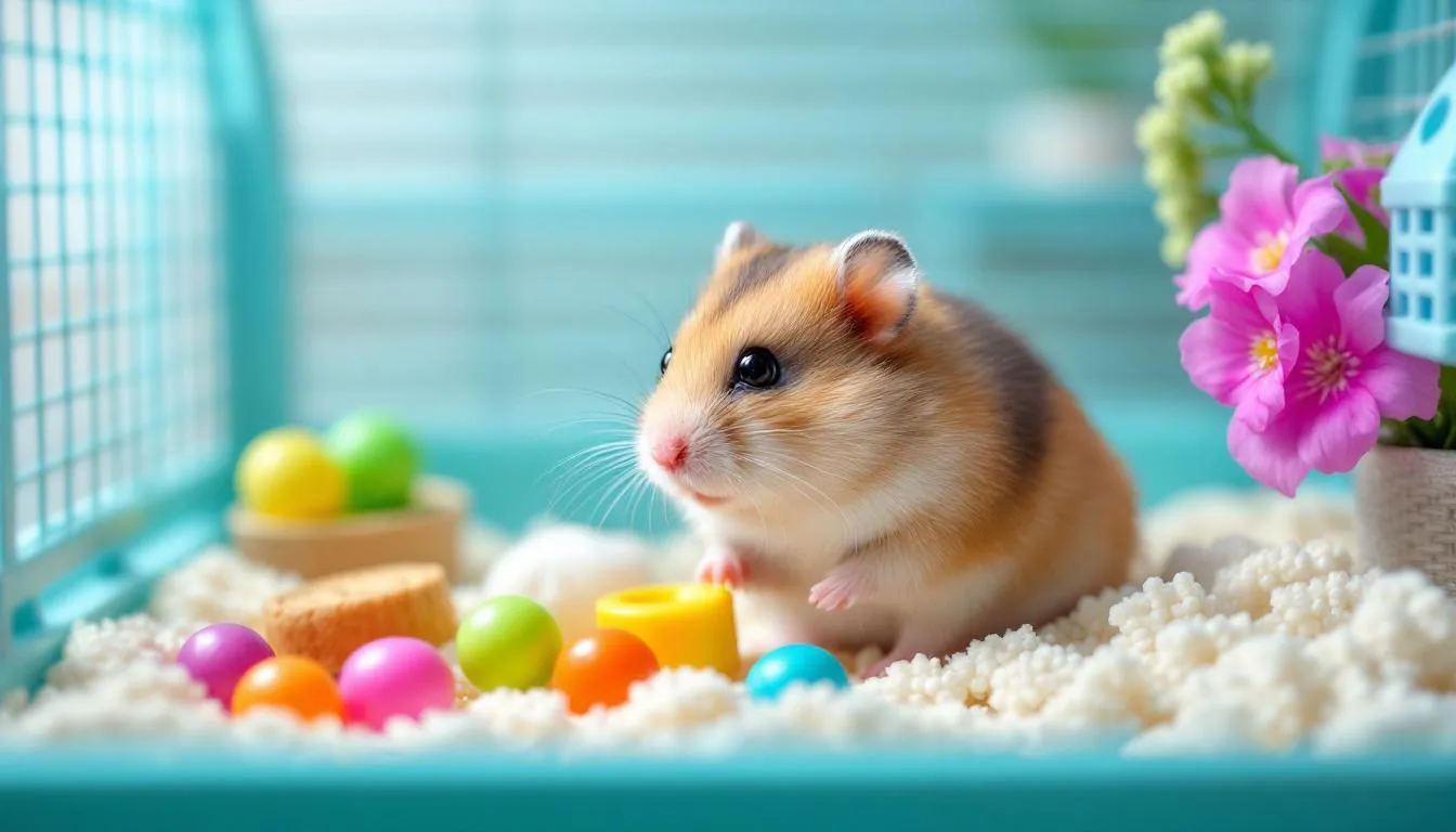 A small hamster is sitting comfortably in a clean, well-equipped cage filled with food and toys, showcasing it as a low maintenance pet option for potential pet owners. The cage provides a safe and engaging environment, emphasising the affordability and ease of care associated with keeping hamsters as pets.