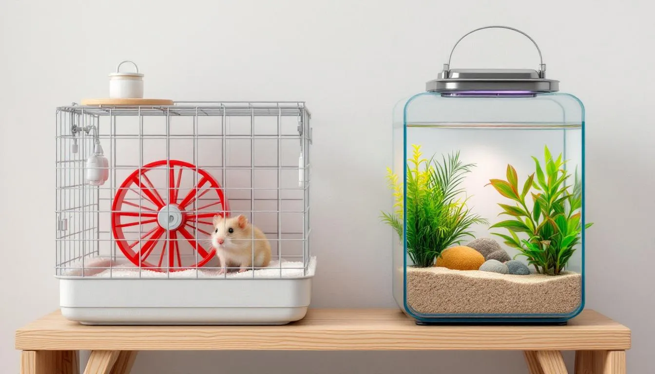 The image showcases various small pets, including hamsters, hermit crabs, and betta fish, each displayed in their unique habitats. These low maintenance pets are popular choices for pet owners looking for affordable and easy-to-care-for companions.