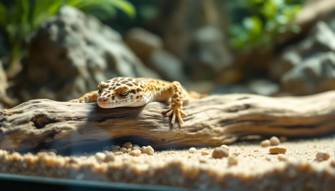 A leopard gecko is resting comfortably on a piece of driftwood inside a terrarium, showcasing its vibrant colours and unique patterns. This low maintenance pet is a great option for pet owners looking for an affordable and easy-to-care-for companion.