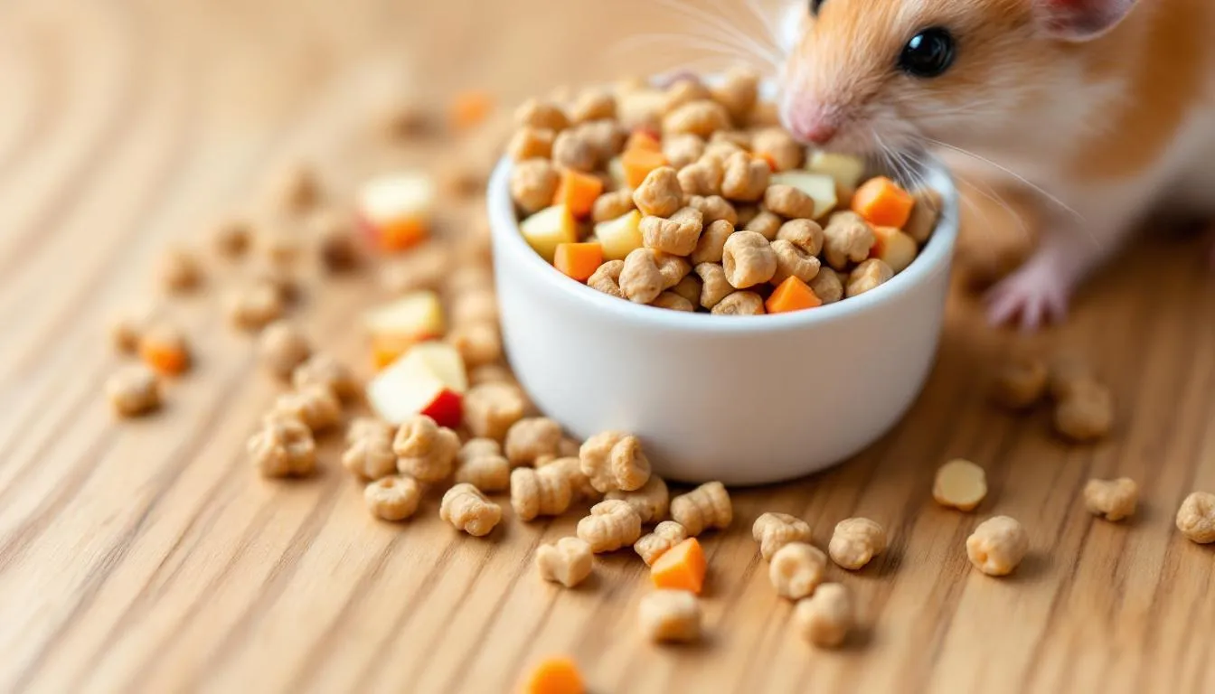 The image shows a variety of hamster food options, including pellets, seeds, and fresh vegetables, suitable for keeping hamsters healthy and happy. This food is essential for pet owners who want to provide proper care for their low maintenance pets.