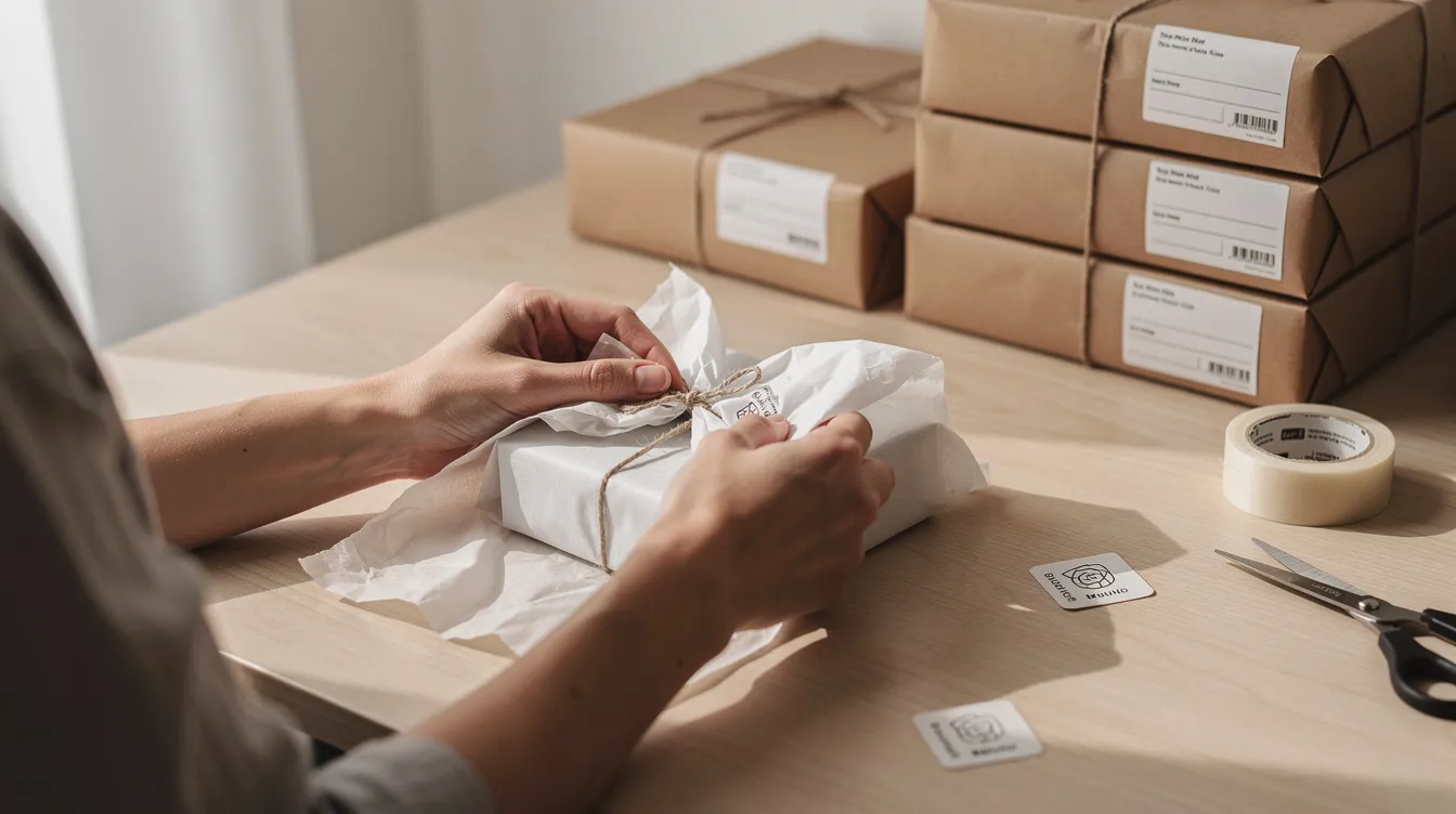 A person is carefully wrapping a small handmade product in colorful tissue paper at a tidy desk, surrounded by neatly packed parcels ready for posting. This scene captures the essence of running a successful Etsy shop, emphasizing the creative process and attention to detail that Etsy sellers put into their products.
