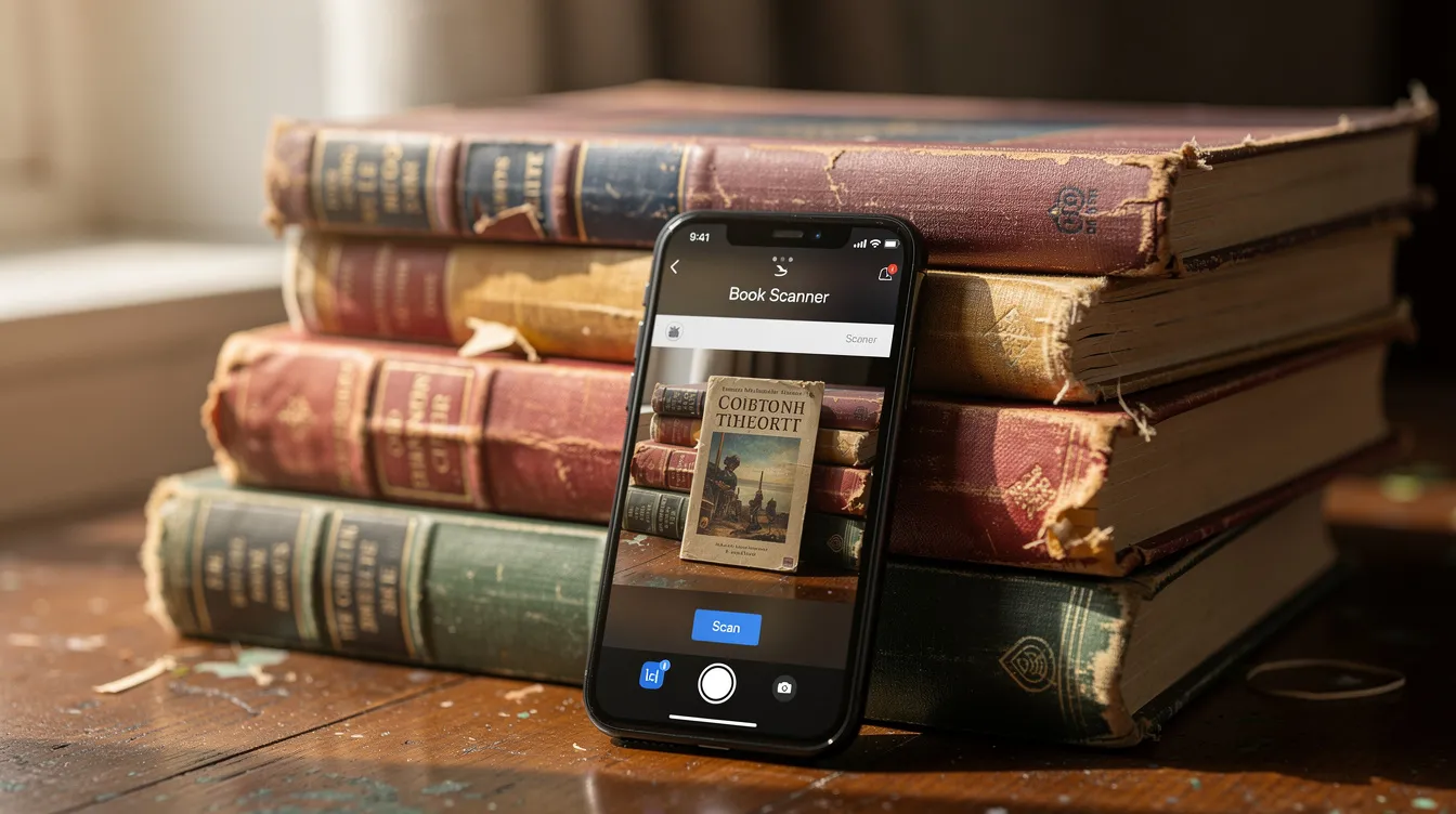 A stack of well-loved second hand books, including graphic novels and kids books, rests on a wooden table, with a smartphone on top displaying a scanning app for evaluating the books' condition. This setup suggests a practical approach to sell second hand books online or donate them, while also highlighting the joy of collecting old and special edition titles.