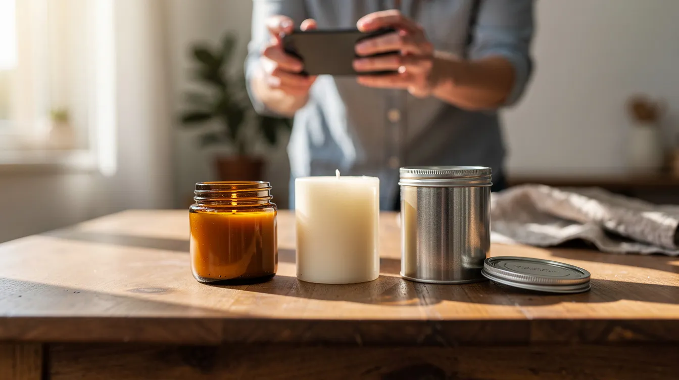 A person is taking a photo of three homemade candles arranged neatly on a table, showcasing their unique designs for an Etsy shop. The image captures the warm, inviting glow of the candles, emphasizing their potential appeal to customers looking for handmade items.