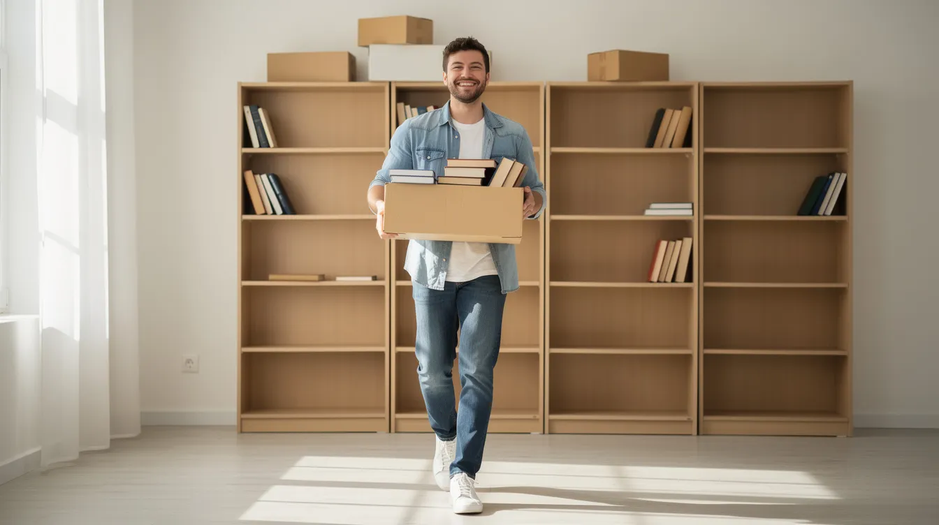 A cheerful person is carrying a box filled with books out of a neat room, where empty bookshelves stand in the background, hinting at a recent book collection sale or donation. This scene captures the joy of managing a personal library, whether it’s to sell books online or to make space for new titles.