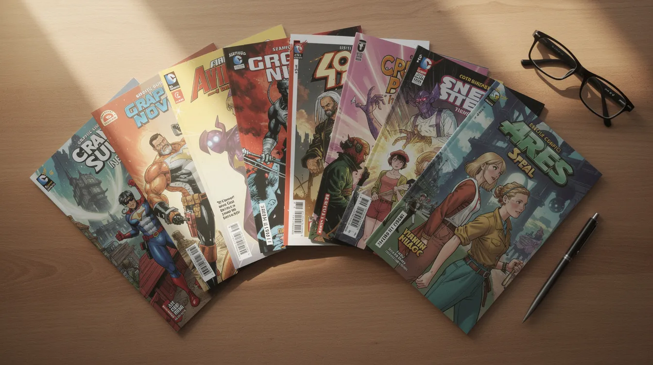 A vibrant array of graphic novels and comic books is artfully fanned out on a desk, showcasing a diverse book collection that appeals to both kids and adults. This colorful display highlights the joy of reading and the potential for selling books online or donating them for extra cash.