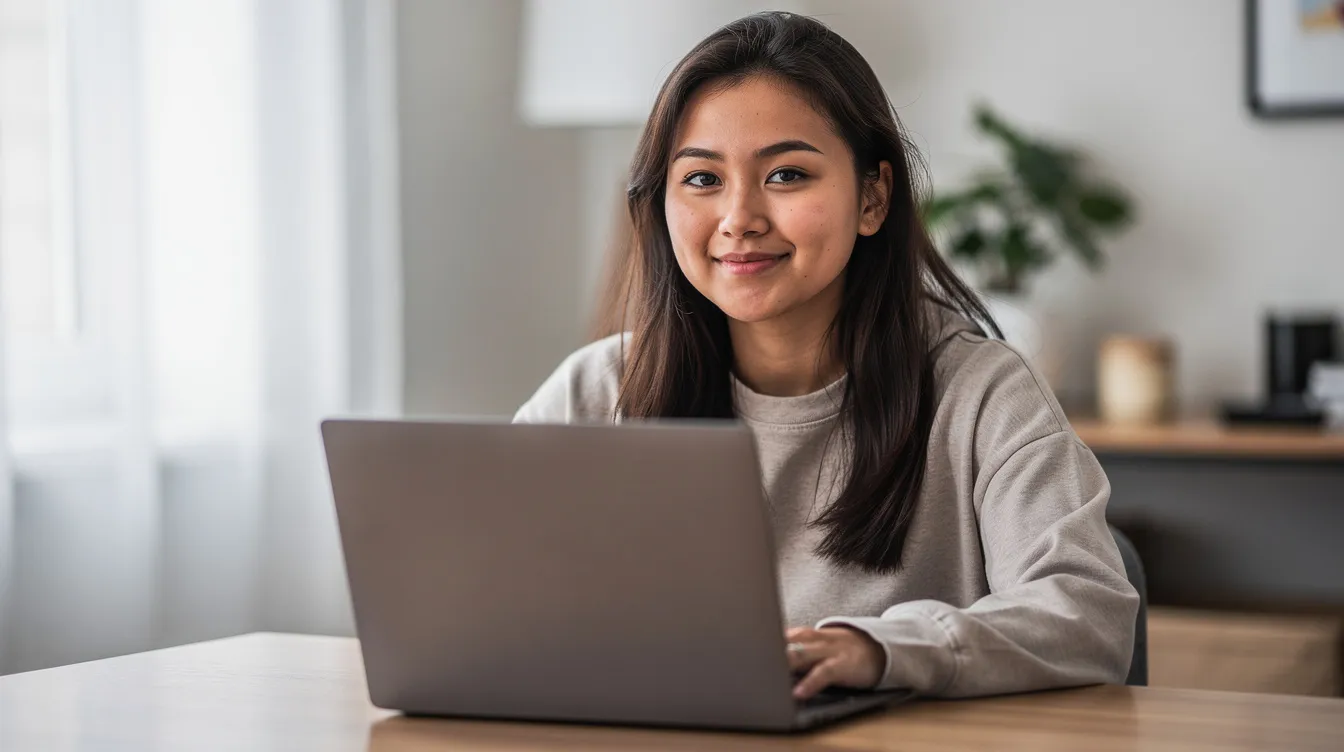 A woman sits at a desk, focused on her laptop, which is not visible in the image. The scene suggests she may be engaged in activities related to her Etsy shop, possibly managing listings or communicating with customers.