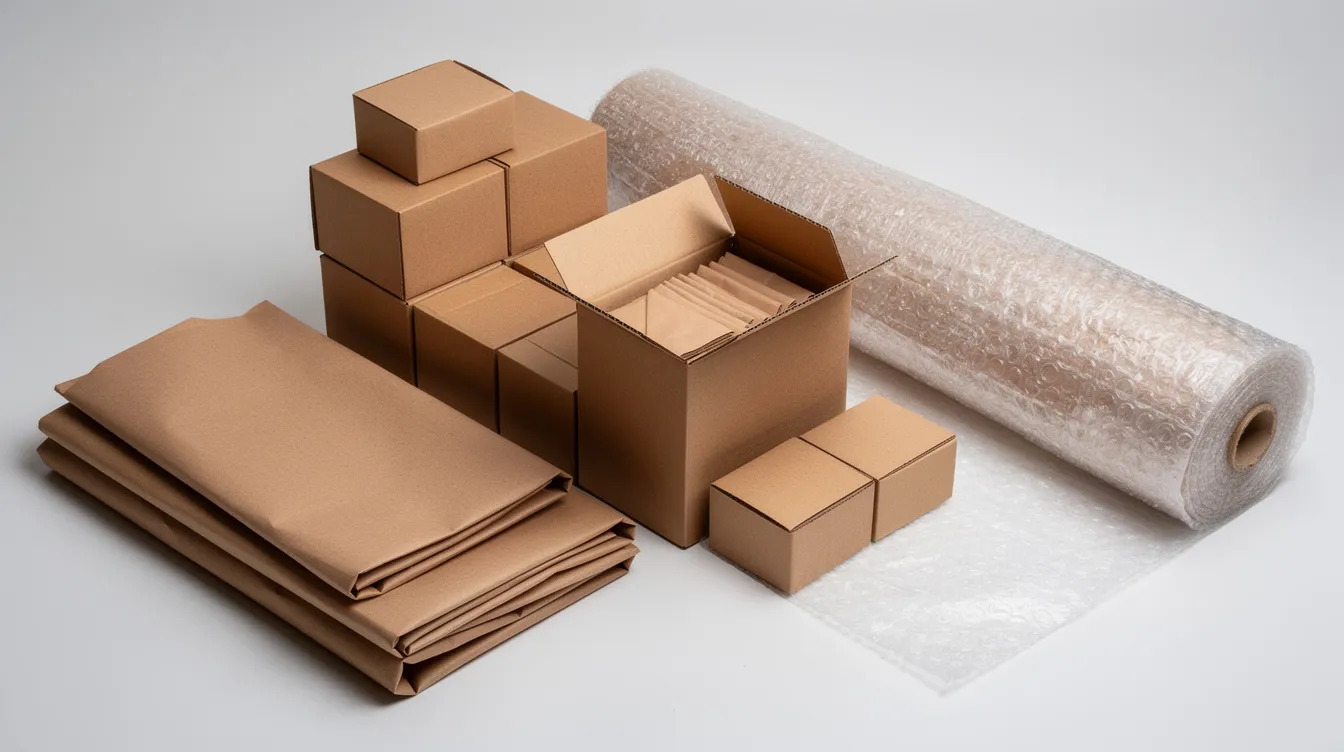 The image shows a well-organized work surface featuring cardboard boxes, bubble wrap, and brown paper packaging materials, essential for Etsy sellers preparing for shipping. This setup highlights the importance of efficient shop setup and packaging in running a successful Etsy business.