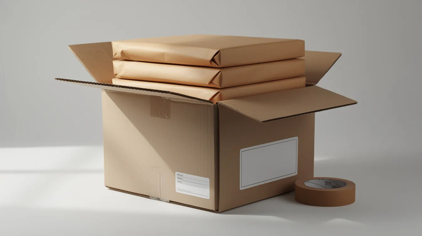 A neatly packed cardboard box filled with various books, including graphic novels and collectible titles, is wrapped in brown paper and prepared for posting, perfect for those looking to sell books online or donate books to a good cause. The box represents a thoughtful collection of used books, ready to find new homes and provide extra cash for the seller.